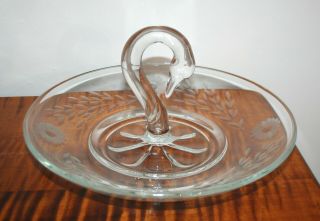 Vintage Antique Paden City Swan Handle Tray Serving Plate Etched Glass Mcm