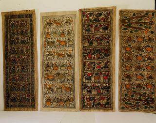 Antique Art Panels From India.  Hand Painted Folk Art Birds,  Fish,  Elephants,  Cow Nr