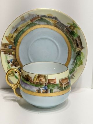 Antique Limoges Hand Painted Porcelain Scenic Cup & Saucer Settlers Rare Teacup