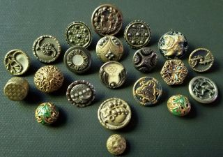 21 Small Antique Metal Buttons,  Ivoroid,  Cut Steels,  Painted,  Picture