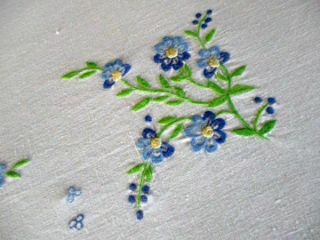 Pretty Tablecloth - White Cotton - Embroidered Blue Flowers