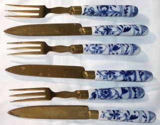 Set Of 6 Antique 18thc Meissen Porcelain Fruit Knives And Forks In Case