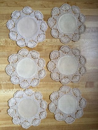Set Of 6 Antique Handmade Ivory Linen & Crochet Coasters Doilies