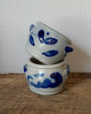 Miniature Pottery Crocks Cobalt Decorated Stoneware Salt Glaze Set Of 2