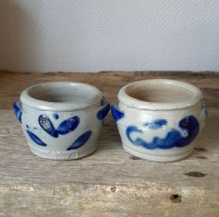 Miniature Pottery Crocks Cobalt Decorated Stoneware Salt Glaze Set of 2 2