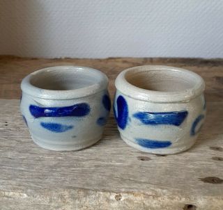 Miniature Pottery Crocks Cobalt Decorated Stoneware Salt Glaze Set of 2 3