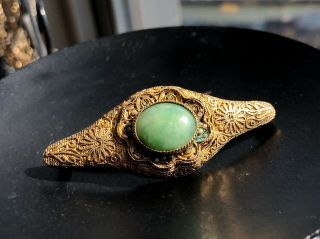 Antique Vintage Chinese Export Silver Gilt Filigree Floral Jade Brooch Pin