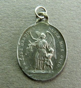 French Antique Sterling Religious Pendant Saint Angel Medal Hallmarked