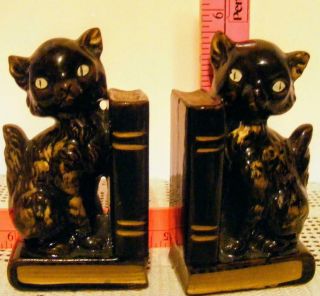 Very Rare Vintage Black Cats With Gold Paint Bookends Part Of A Desk Set ?