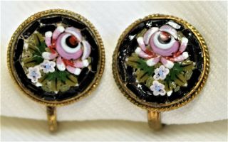 Antique Micro Mosaic Rose Flower Screwback Earrings
