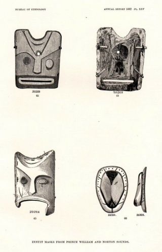 Antique Art Print 1884 Ethnology Inniut Indian Mask Prince William Seal Alaska