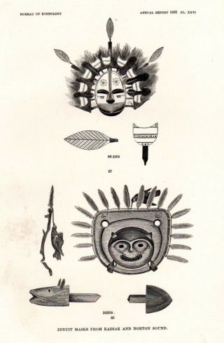Antique Art Print 1884 Ethnology Inniut Indian Mask Kadiak Island Alaska Accesso