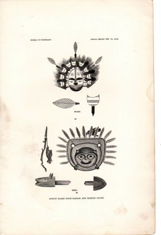 Antique Art print 1884 Ethnology Inniut Indian Mask Kadiak Island Alaska accesso 2