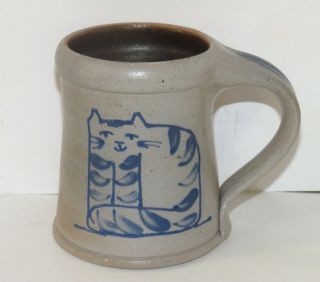 Rockdale Union Studio Pottery Cobalt Blue Cat Salt Glaze Stoneware Mug 1991 Rare