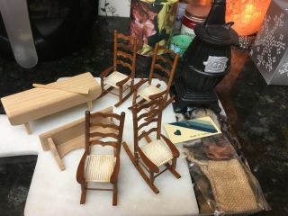 Dollhouse Miniature Furniture 7 Piece Table Hutch,  Old Stove & 4 Rocking Chairs