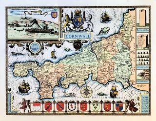 John Speed Antique Map Of Cornwall Circa 1676 Litho Print In 11 Special Colours