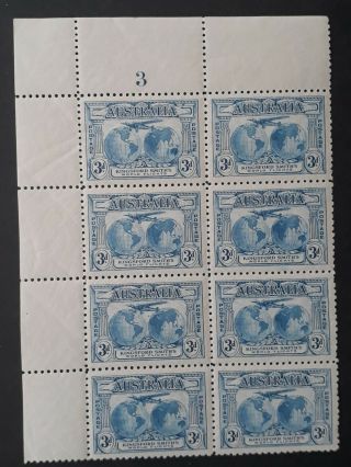 Rare 1931 Australia Plt Blk (3) 8x3d Blue Kingsford Smith Stamps Dropped Bag