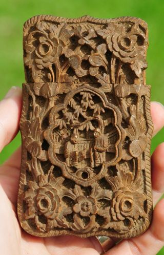 Antique Chinese Canton Carved Wood Card Case Box