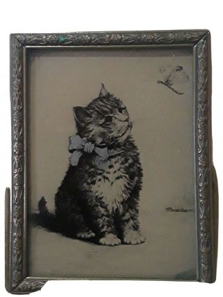 Rare Antique Vtg Kitty Cat 2 3/4 " Miniature Beveled Mirror Picture Frame