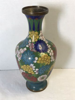 Antique 9.  5” Cloisonne Vase Chinese Enamel Brass Oriental Floral China.