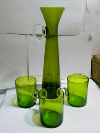 Rare Vintage Relpo Mid Century Art Blown Glass Pitcher Or Bud Vase & Glasses