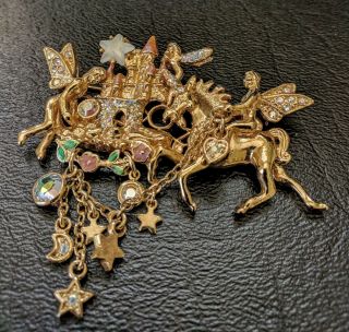 Rare Vintage Kirks Folly Fairy At Castle Brooch Pin Gold Toned