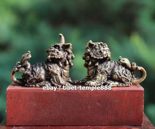 4.  5 Cm Chinese Pure Bronze Foo Dog Lion Kylin Unicorn Animal Amulet Sculpture
