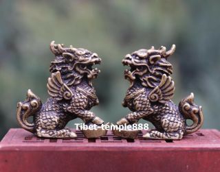 4 Cm Chinese Pure Bronze Foo Dog Lion Kylin Dragon Wealth Fengshui Animal Statue