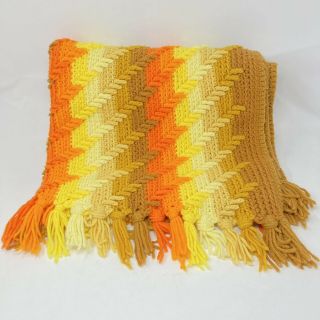 Vtg Handmade Afghan Striped Fringed Crochet Sofa Lap Blanket Yellow Orange Brown