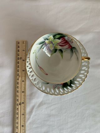 Tea Cup And Saucer,  White,  Colored Flower,  Gold Trim,  Cut Out Saucer,  Japan 2