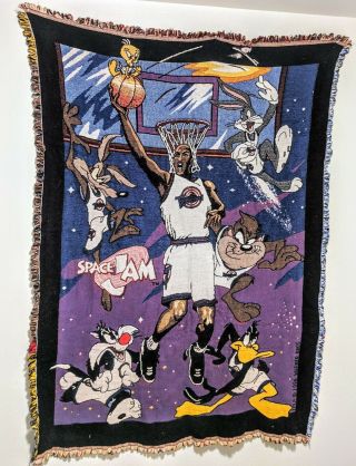 Vtg 90s Space Jam Michael Jordan Huge Blanket Rare Vintage 1996 Looney Tunes