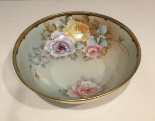 Antique Nippon Porcelain Bowl Hand Painted Pretty Pastel Floral Gold Gilt Rim 9 "