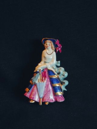 Antique Porcelain Flat Lady In Dress Brooch Pin 2 " Made In England Signed Rare