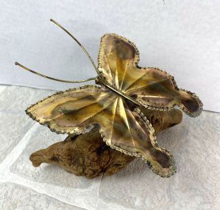 Mid Century Butterfly Brass On Burl Wood / Metal Art Sculpture