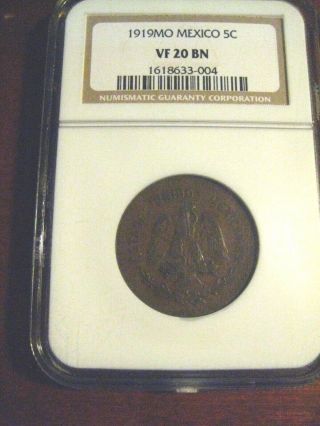 Mexico Rare 1919 5 Centavos Key Date Ngc Vf 20 Bn