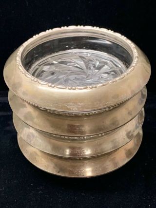 Vintage Set Of 4 Matching Amston 144 Sterling Silver Rim Glass Coasters Spirals