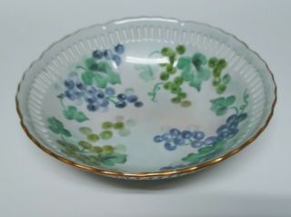 Vintage Porcelain Open Edge Lace Bowl w/ Hand Painted Blueberry Design Gold Rim 2