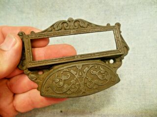 Vintage Rare Ornate Cast Iron Victorian Bin Drawer Pull With Label Frame