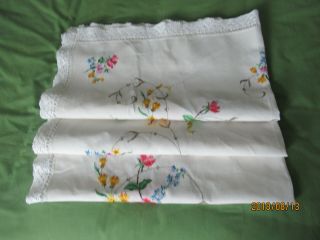 Vintage White Linen Tablecloth Hand Embroidery Flowers Crochet Lace 160 X 116 Cm