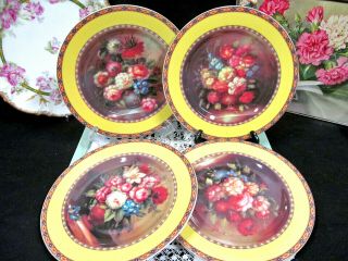 Limoges France Set Of 4 Salad Plates With Rose Bouquet Yellow Band Plate
