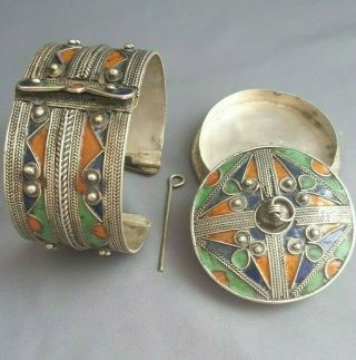 Antique Silver Enamelled Tribal Islamic Moroccan Berber Bracelet Box 20th C