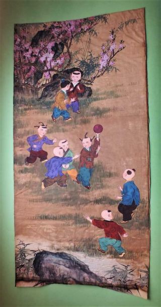 Antique Chinese Watercolour Painting,  8 Boys Playing With Ball In Garden,  (9)