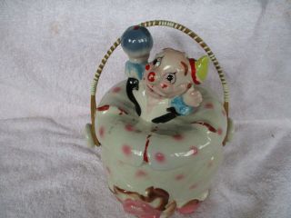 Rare & Vintage Ceramic " Circus Clown " Cookie Or Cracker Jar With Straw Handle