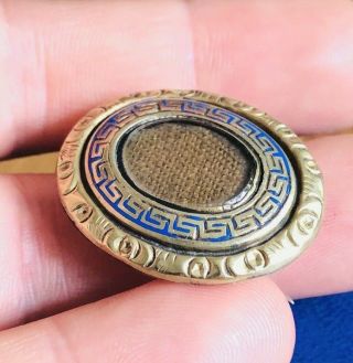 Antique Early Victorian Rolled Gold Mourning Brooch Blue Enamel 1840s