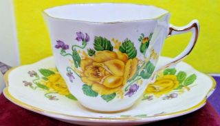 CLARE TEACUP&SAUCER BONE CHINA ENGLAND YELLOW ROSES&PURPLE FLOWERS VTG COLLECTOR 2