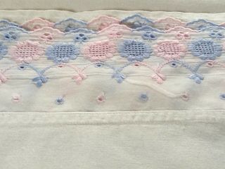 Vintage White Cotton Top Sheet With Pink & Blue & Embroidered Border 215w /243 L