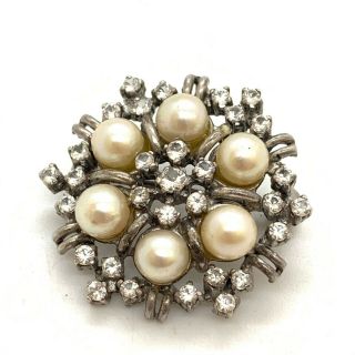 Antique Art Deco Sterling Silver Cultured Pearl And Paste Snowflake Brooch 42