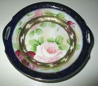 Antique Nippon Porcelain Hand Painted Roses,  Gold Accent Handled Bowl