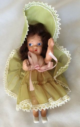 Vintage 5 1/2 " Brunette Nancy Ann Storybook Doll In Green Dress & Hat
