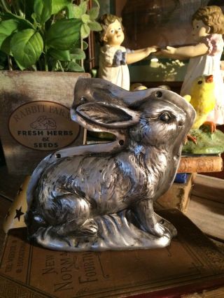 Primitive Antique Vtg Tin Style Easter Bunny Rabbit Silver Resin Chocolate Mold